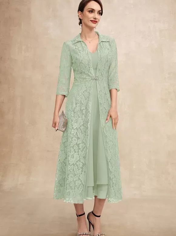 Party Dress For Mother Of The Bride V-Neck Half Sleeves A-Line Lace Tea-Length Guest Dresses For Wedding
