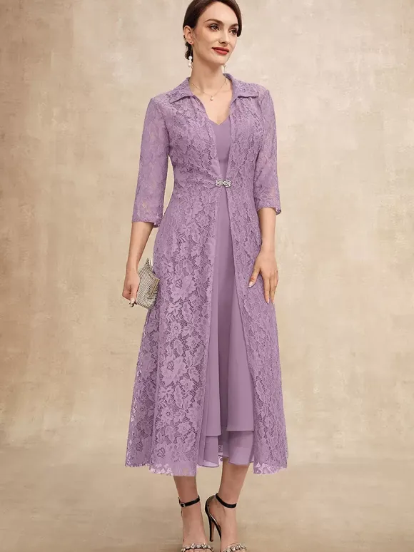 Party Dress For Mother Of The Bride V-Neck Half Sleeves A-Line Lace Tea-Length Guest Dresses For Wedding
