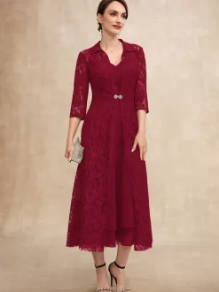 Party Dress For Mother Of The Bride V-Neck Half Sleeves A-Line Lace Tea-Length Guest Dresses For Wedding