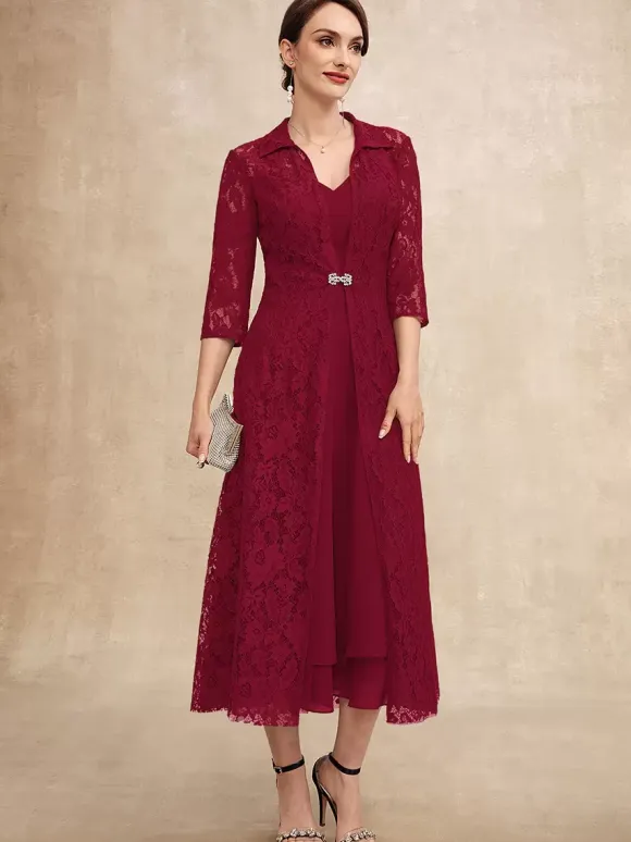 Party Dress For Mother Of The Bride V-Neck Half Sleeves A-Line Lace Tea-Length Guest Dresses For Wedding
