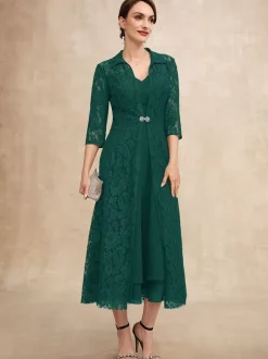 Party Dress For Mother Of The Bride V-Neck Half Sleeves A-Line Lace Tea-Length Guest Dresses For Wedding