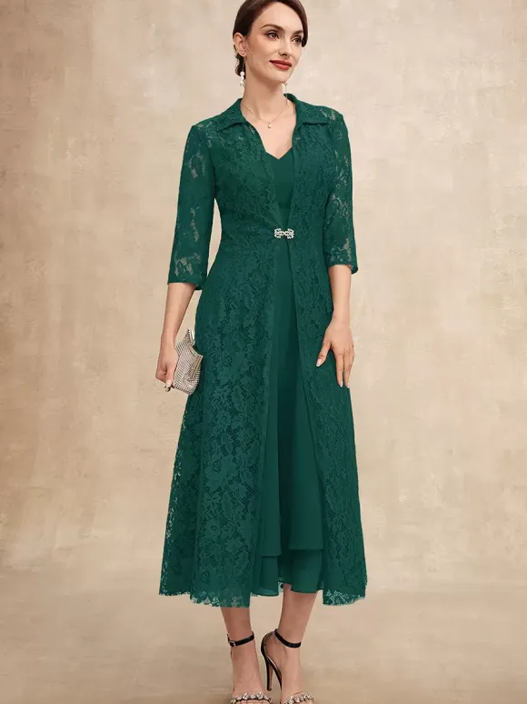 Party Dress For Mother Of The Bride V-Neck Half Sleeves A-Line Lace Tea-Length Guest Dresses For Wedding
