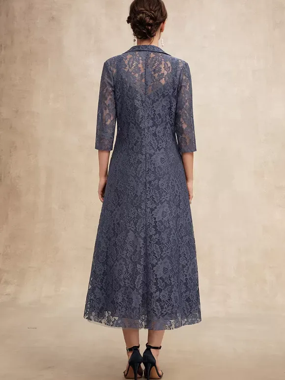 Party Dress For Mother Of The Bride V-Neck Half Sleeves A-Line Lace Tea-Length Guest Dresses For Wedding