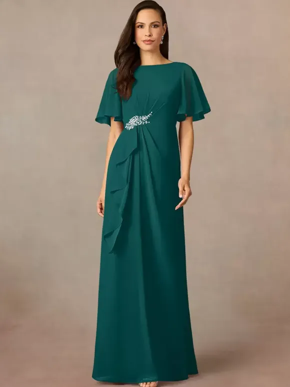 Party Dress For Mother Of The Bride Jewel Neck Short Sleeves A-Line Pleated Wedding Guest Dresses