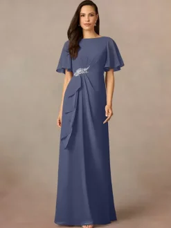Party Dress For Mother Of The Bride Jewel Neck Short Sleeves A-Line Pleated Wedding Guest Dresses