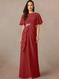 Party Dress For Mother Of The Bride Jewel Neck Short Sleeves A-Line Pleated Wedding Guest Dresses