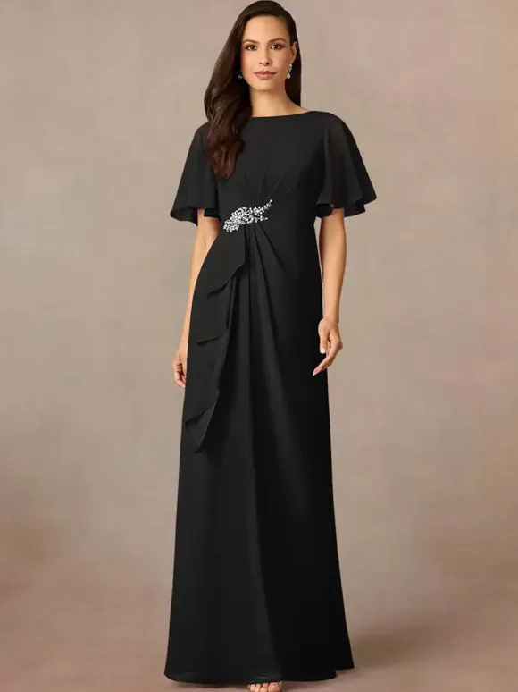 Party Dress For Mother Of The Bride Jewel Neck Short Sleeves A-Line Pleated Wedding Guest Dresses