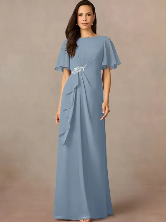 Party Dress For Mother Of The Bride Jewel Neck Short Sleeves A-Line Pleated Wedding Guest Dresses