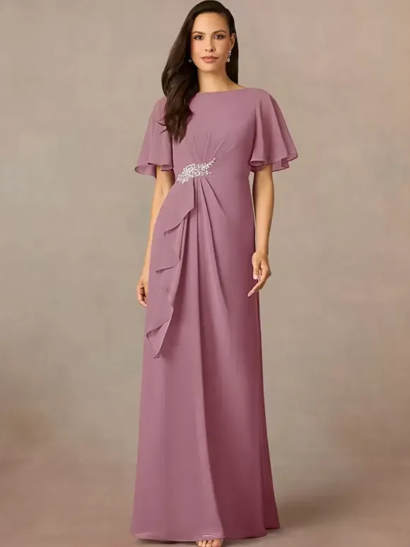 Party Dress For Mother Of The Bride Jewel Neck Short Sleeves A-Line Pleated Wedding Guest Dresses