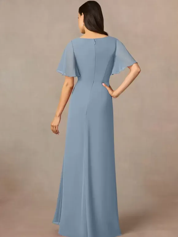 Party Dress For Mother Of The Bride Jewel Neck Short Sleeves A-Line Pleated Wedding Guest Dresses