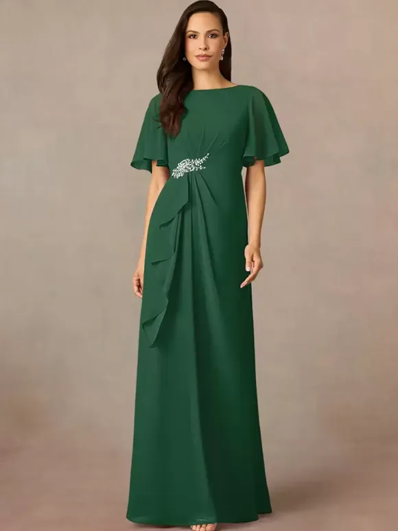 Party Dress For Mother Of The Bride Jewel Neck Short Sleeves A-Line Pleated Wedding Guest Dresses