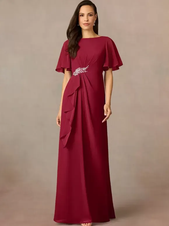Party Dress For Mother Of The Bride Jewel Neck Short Sleeves A-Line Pleated Wedding Guest Dresses