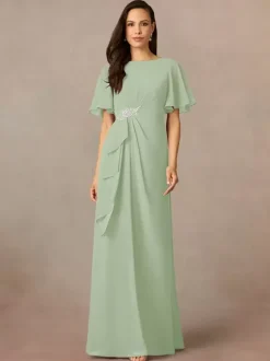 Party Dress For Mother Of The Bride Jewel Neck Short Sleeves A-Line Pleated Wedding Guest Dresses