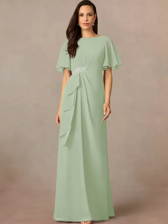Party Dress For Mother Of The Bride Jewel Neck Short Sleeves A-Line Pleated Wedding Guest Dresses