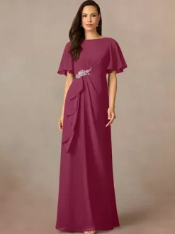 Party Dress For Mother Of The Bride Jewel Neck Short Sleeves A-Line Pleated Wedding Guest Dresses