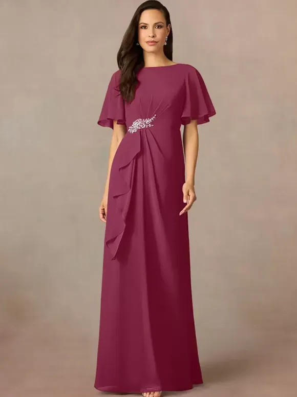 Party Dress For Mother Of The Bride Jewel Neck Short Sleeves A-Line Pleated Wedding Guest Dresses