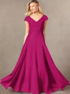 Party Dress For Mother Of The Bride V-Neck Short Sleeves A-Line Lace Floor-Length Guest Dresses For Wedding