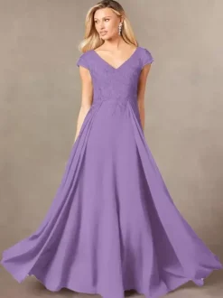 Party Dress For Mother Of The Bride V-Neck Short Sleeves A-Line Lace Floor-Length Guest Dresses For Wedding