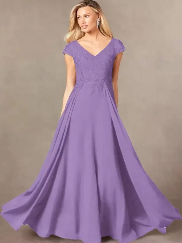 Party Dress For Mother Of The Bride V-Neck Short Sleeves A-Line Lace Floor-Length Guest Dresses For Wedding