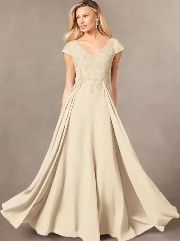 Party Dress For Mother Of The Bride V-Neck Short Sleeves A-Line Lace Floor-Length Guest Dresses For Wedding