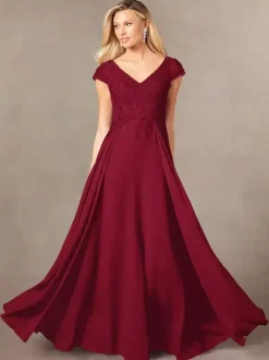 Party Dress For Mother Of The Bride V-Neck Short Sleeves A-Line Lace Floor-Length Guest Dresses For Wedding