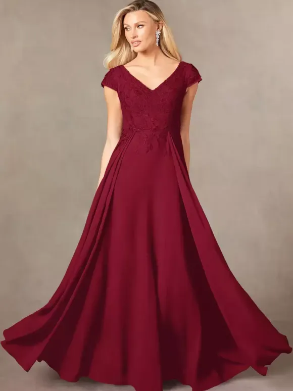 Party Dress For Mother Of The Bride V-Neck Short Sleeves A-Line Lace Floor-Length Guest Dresses For Wedding