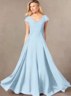 Party Dress For Mother Of The Bride V-Neck Short Sleeves A-Line Lace Floor-Length Guest Dresses For Wedding