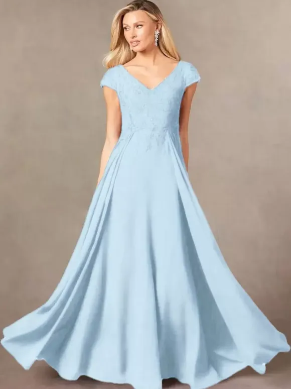 Party Dress For Mother Of The Bride V-Neck Short Sleeves A-Line Lace Floor-Length Guest Dresses For Wedding