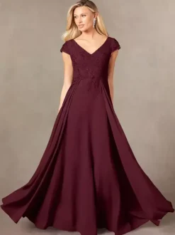 Party Dress For Mother Of The Bride V-Neck Short Sleeves A-Line Lace Floor-Length Guest Dresses For Wedding