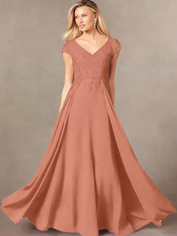 Party Dress For Mother Of The Bride V-Neck Short Sleeves A-Line Lace Floor-Length Guest Dresses For Wedding