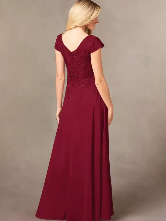 Party Dress For Mother Of The Bride V-Neck Short Sleeves A-Line Lace Floor-Length Guest Dresses For Wedding