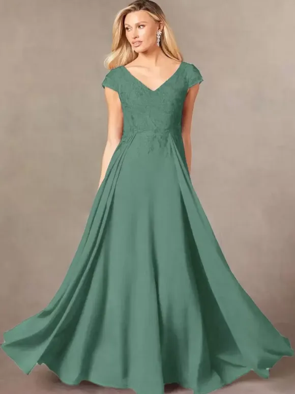 Party Dress For Mother Of The Bride V-Neck Short Sleeves A-Line Lace Floor-Length Guest Dresses For Wedding
