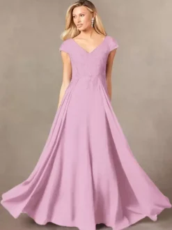 Party Dress For Mother Of The Bride V-Neck Short Sleeves A-Line Lace Floor-Length Guest Dresses For Wedding