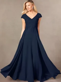 Party Dress For Mother Of The Bride V-Neck Short Sleeves A-Line Lace Floor-Length Guest Dresses For Wedding