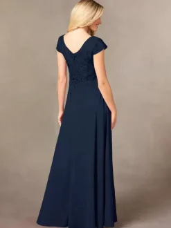 Party Dress For Mother Of The Bride V-Neck Short Sleeves A-Line Lace Floor-Length Guest Dresses For Wedding