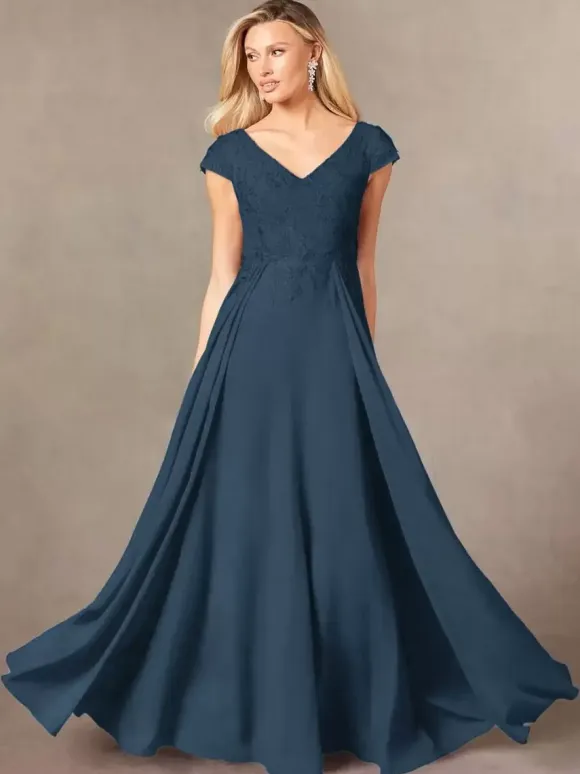 Party Dress For Mother Of The Bride V-Neck Short Sleeves A-Line Lace Floor-Length Guest Dresses For Wedding