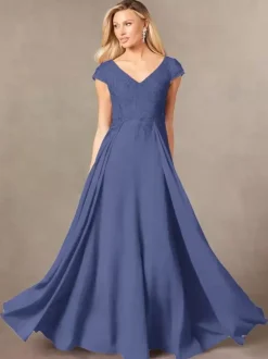 Party Dress For Mother Of The Bride V-Neck Short Sleeves A-Line Lace Floor-Length Guest Dresses For Wedding