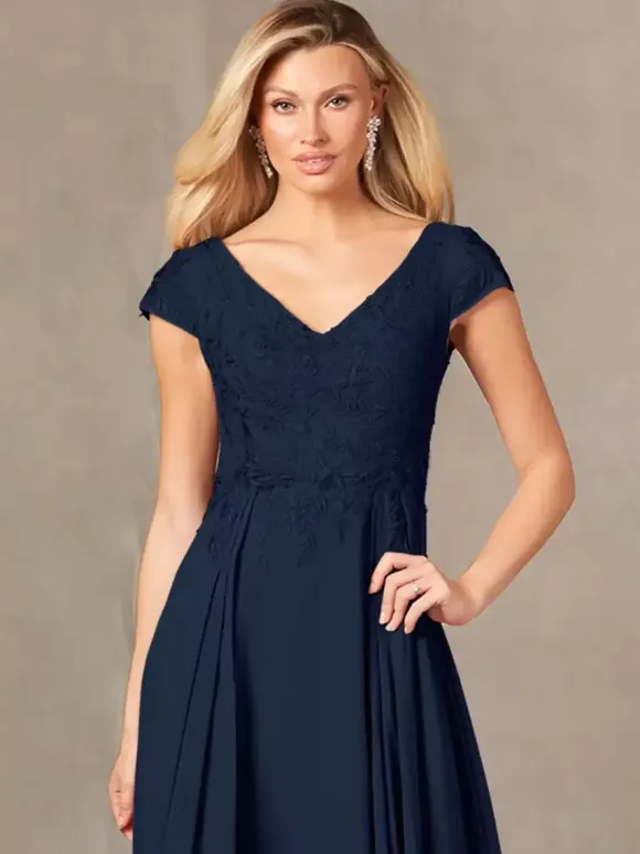 Party Dress For Mother Of The Bride V-Neck Short Sleeves A-Line Lace Floor-Length Guest Dresses For Wedding