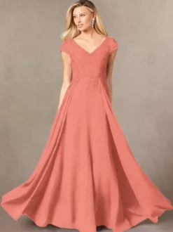 Party Dress For Mother Of The Bride V-Neck Short Sleeves A-Line Lace Floor-Length Guest Dresses For Wedding