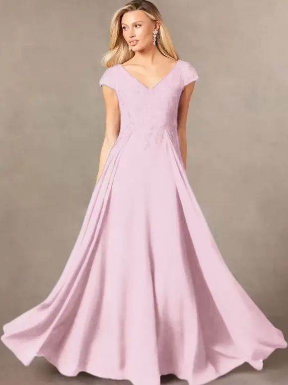 Party Dress For Mother Of The Bride V-Neck Short Sleeves A-Line Lace Floor-Length Guest Dresses For Wedding