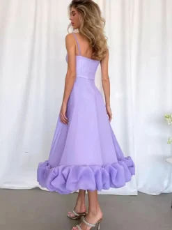 Party Dress Lilac Spaghetti Strap Backless Cupcake Edge Prom Midi Dresses