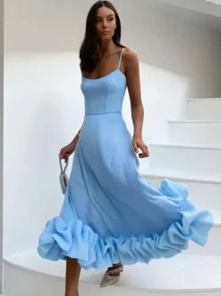 Party Dress Lilac Spaghetti Strap Backless Cupcake Edge Prom Midi Dresses