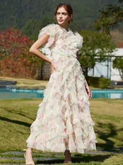 Party Dress Maxi Apricot Stand Collar Sleeveless Layered Sweet Semi Formal Dress