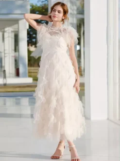 Party Dress Maxi Apricot Stand Collar Sleeveless Layered Sweet Semi Formal Dress