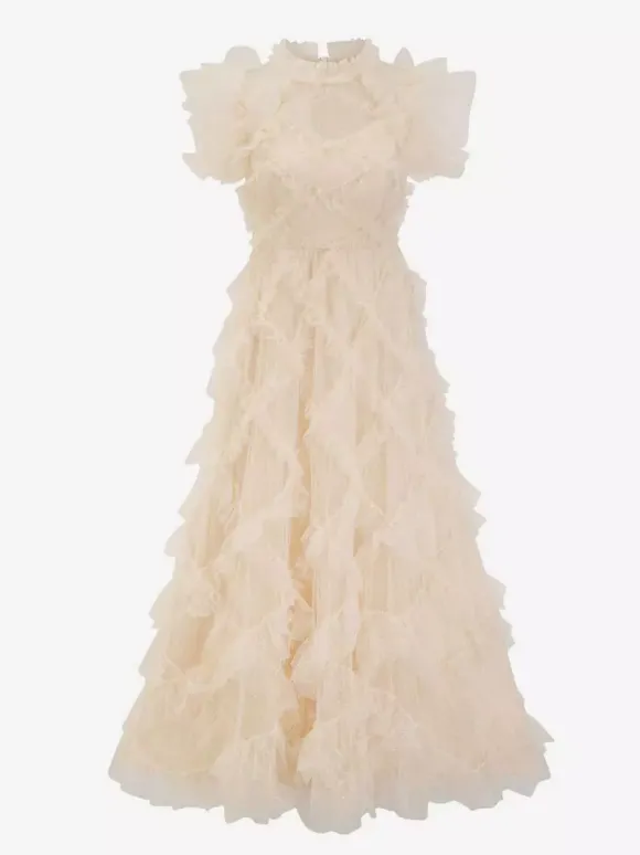 Party Dress Maxi Apricot Stand Collar Sleeveless Layered Sweet Semi Formal Dress