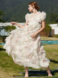 Party Dress Maxi Apricot Stand Collar Sleeveless Layered Sweet Semi Formal Dress