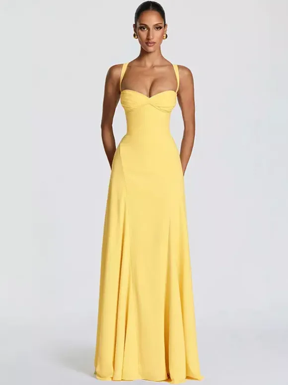 Party Dress Maxi Beige Halter Pleated Sleeveless Backless Chic Semi Formal Dress