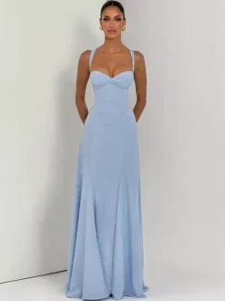 Party Dress Maxi Beige Halter Pleated Sleeveless Backless Chic Semi Formal Dress
