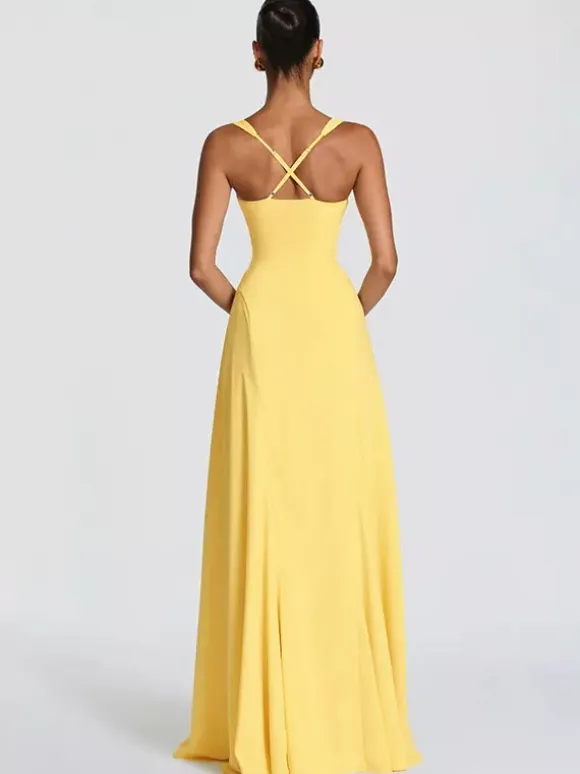 Party Dress Maxi Beige Halter Pleated Sleeveless Backless Chic Semi Formal Dress