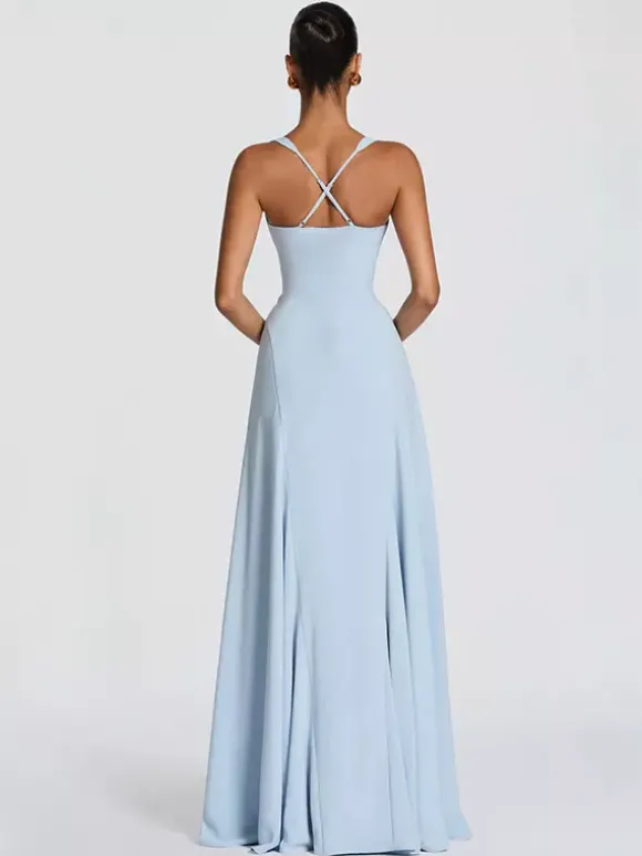 Party Dress Maxi Beige Halter Pleated Sleeveless Backless Chic Semi Formal Dress